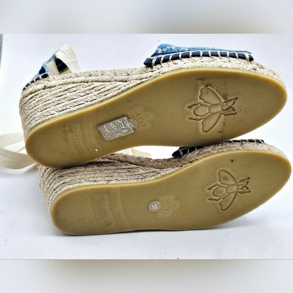 GUCCI Pilar GG Logo Blue Denim Pilar Espadrille Wedge Sandals size 37 7 NEW - Picture 9 of 11